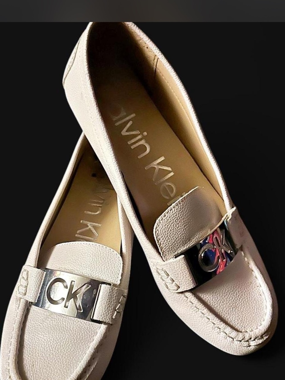 Calvin Klein  Cream Leather Loafers with CK Accent - Size 7.5M